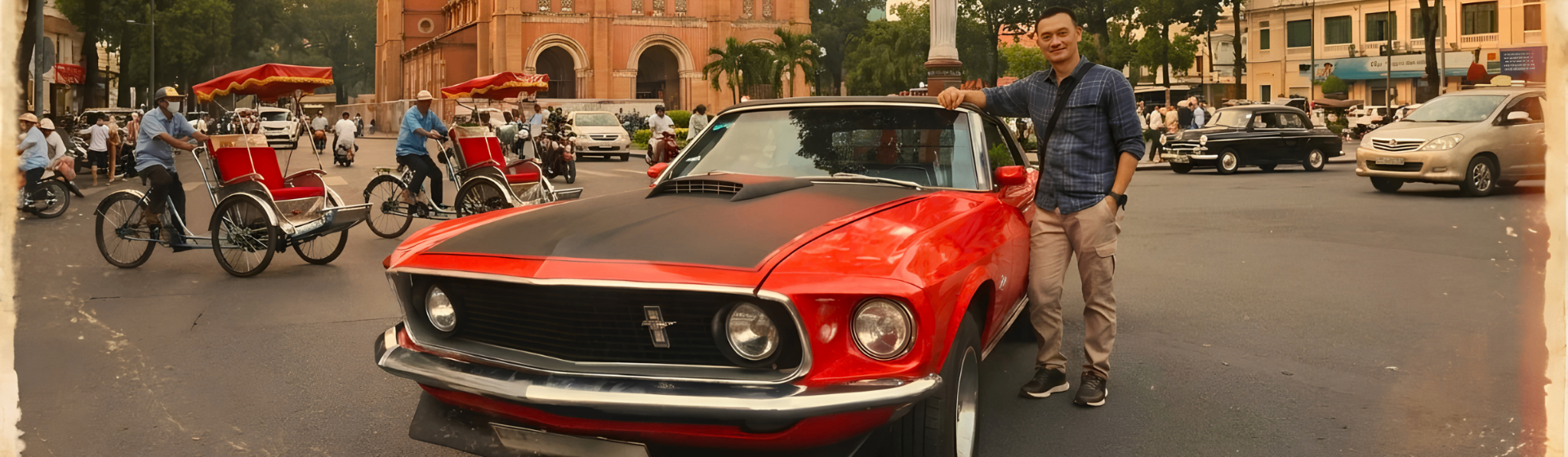 Retro Mustang in front of Saigon Notre-Dame Cathedral.